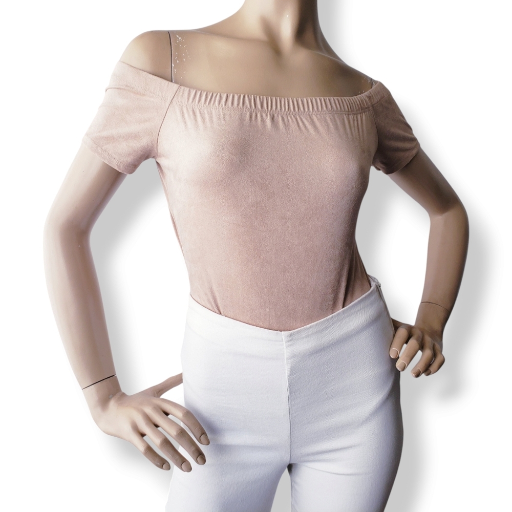 Mocking Jay Beige Faux Suede Off Shoulder Smocked Fitted Bodysuit